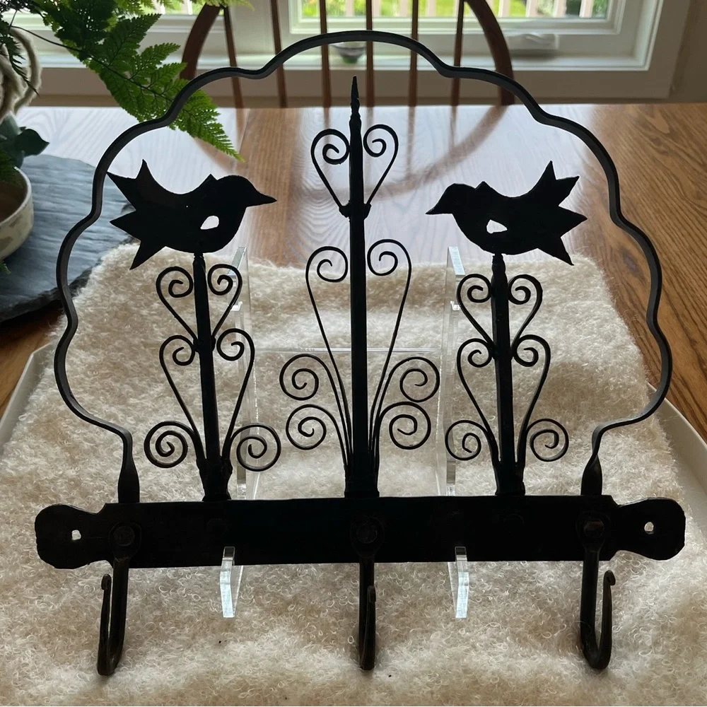 Vintage ?Antique Forged Iron Rack Hand Wrought Primitive Hanging Hooks w Birds